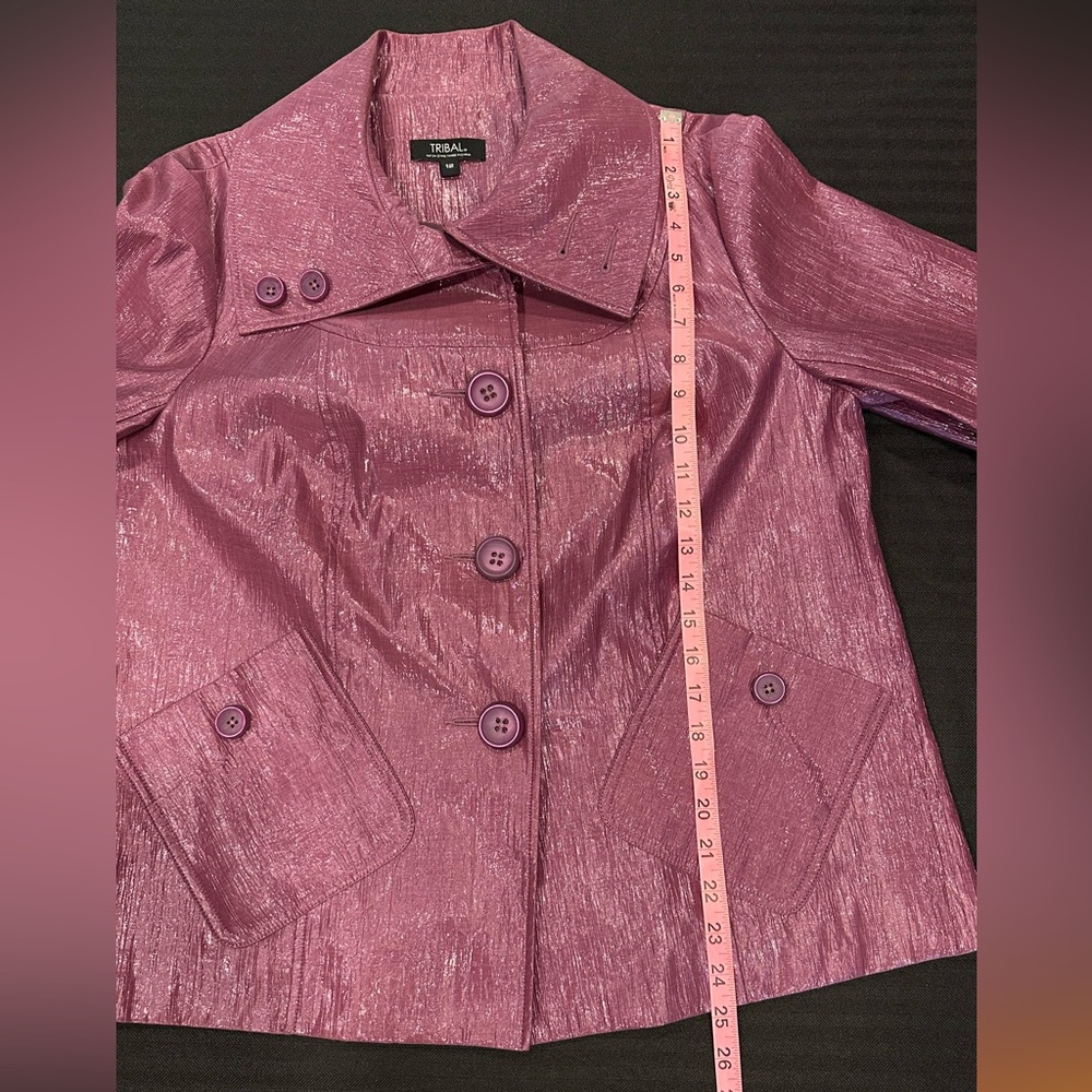 Tribal Metallic Purple Blazer Coat 3/4 Sleeve Shiny Glam Women 12 - Picture 6 of 10